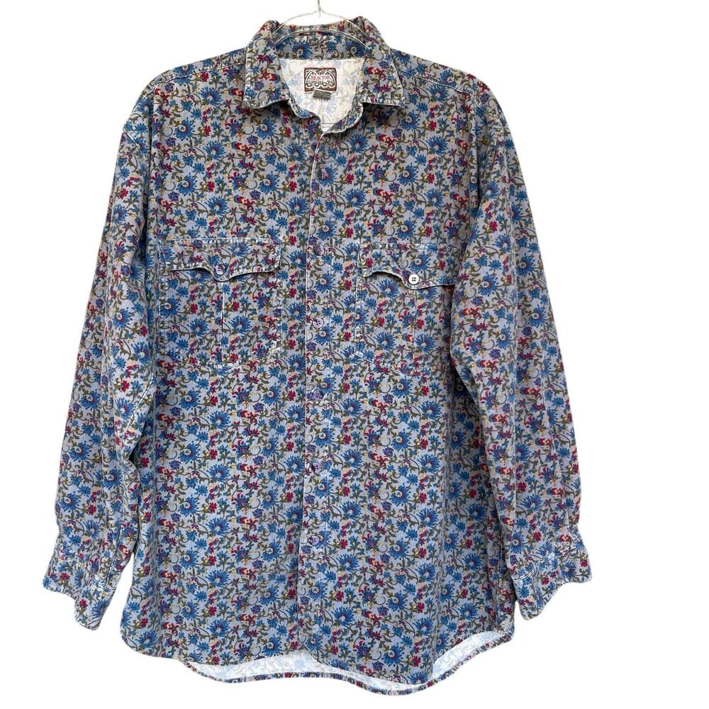 Reactor Womens Corduroy Button Up Shirt Large Cotton Gray Floral Long Sleeve‎